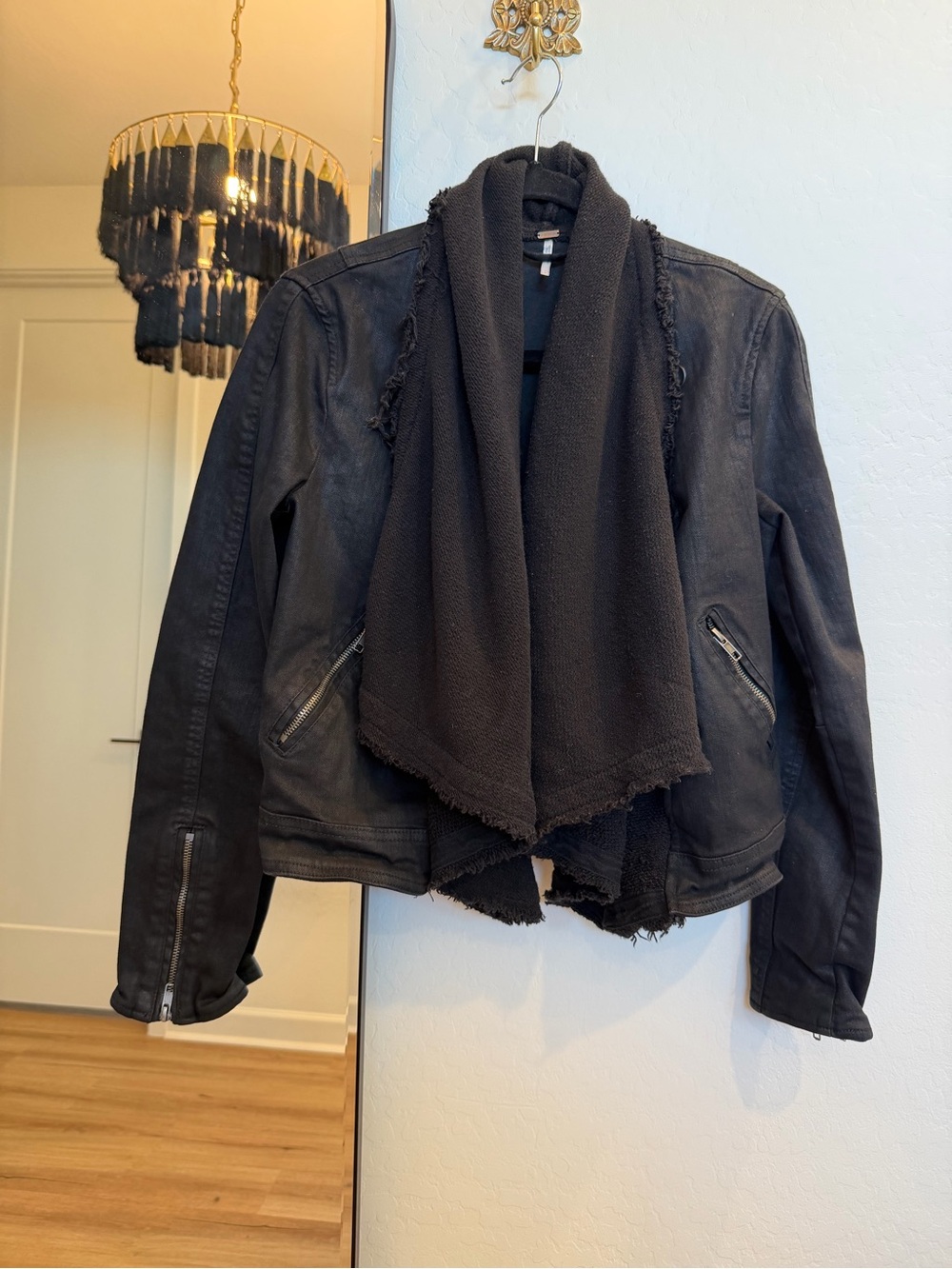 Free People Black Draped Shawl-Front Moto Jacket